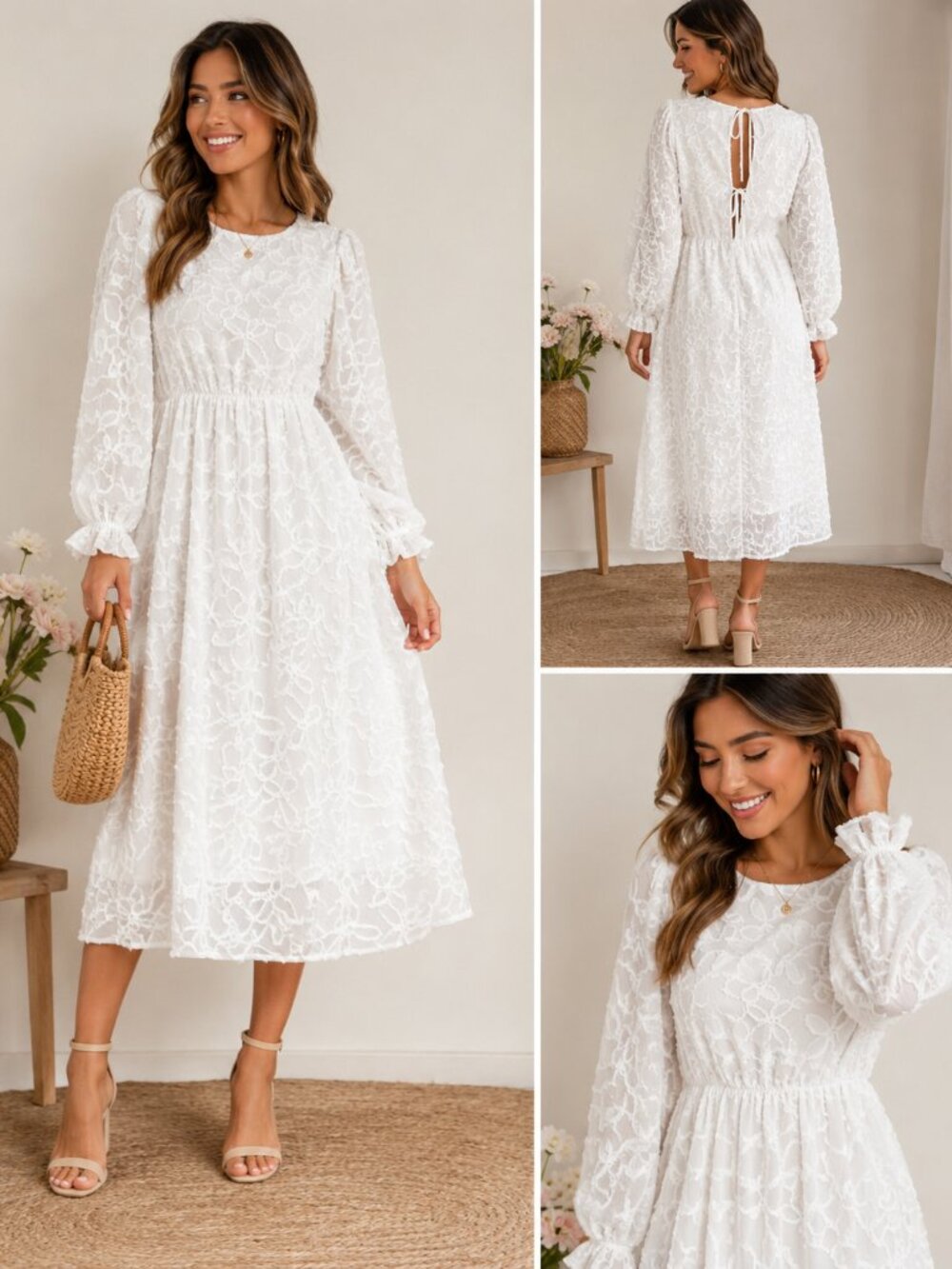 Polagram Women's White Textured Boho Cottagecore Midi Dress - Size Medium